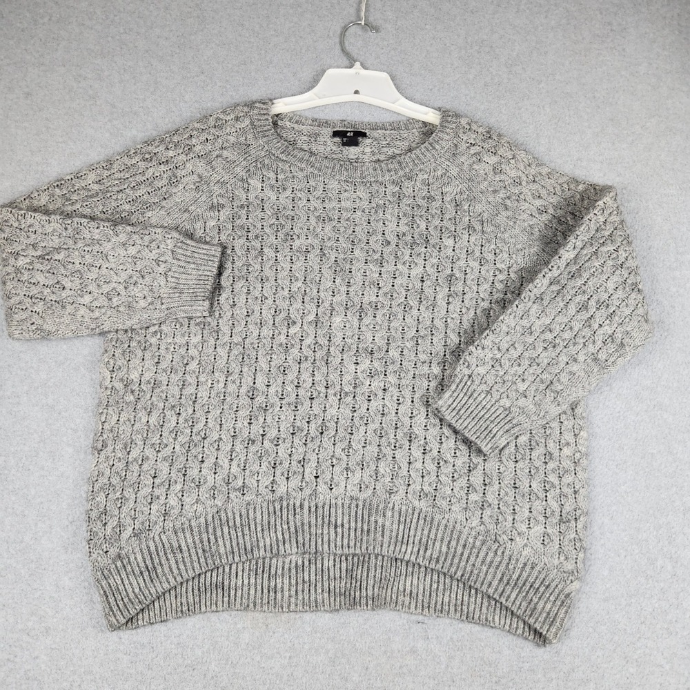 H&M Sweater Womens Large Gray Honeycomb Cable Knit Relaxed Crew Neck Pullover